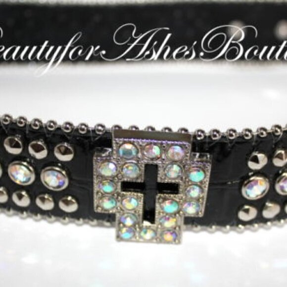 Western Black Bling Cross Belt & Buckle Aurora Borealis AB Crystal Accent ML main image 8